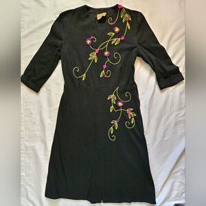 Vintage Paula Brooks Original Womens Black Floral Embroidery Dress Size 10